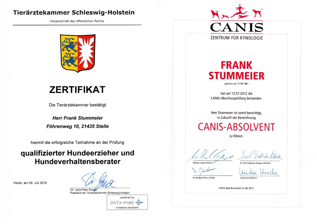 Qualifikation Hundetrainer Frank Stummeier Zertifikat Tierärztekammer und Canis Studien-Bescheinigung für Hudnetrainer Frank Stummeier