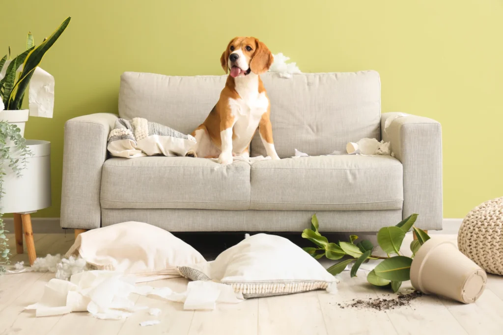 Verhaltensberatung unerwuenschtes Verhalten - Hundeschule Stummeier Hund unschuldig schauend auf zerfleddertem Sofa – Verhaltensberatung bei FREUNDSCHAFT OHNE LEINE